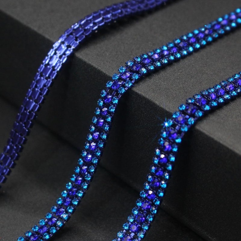 PEARLY JUN 3 Yards 3 Rows Capri Blue Rhinestone Chain Bling Crystal Trips Diamond Applique Silver Fringe Trim for Crafts Dress Applique Clothing Sewing Embellishments - Image 2